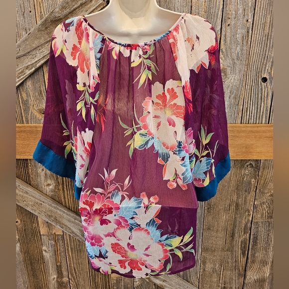 Casual Express Sheer Floral Top Womens Blouse Kimono Half Sleeves EUC Career ^^ - Picture 3 of 8